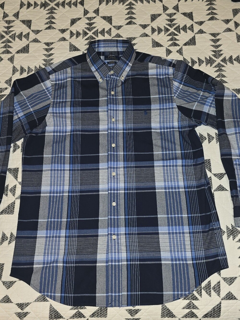 Lg - Ralph Lauren Mens Navy/Lt.Blue Plaid Button-Down Shirt (FLAWLESS CONDITION)